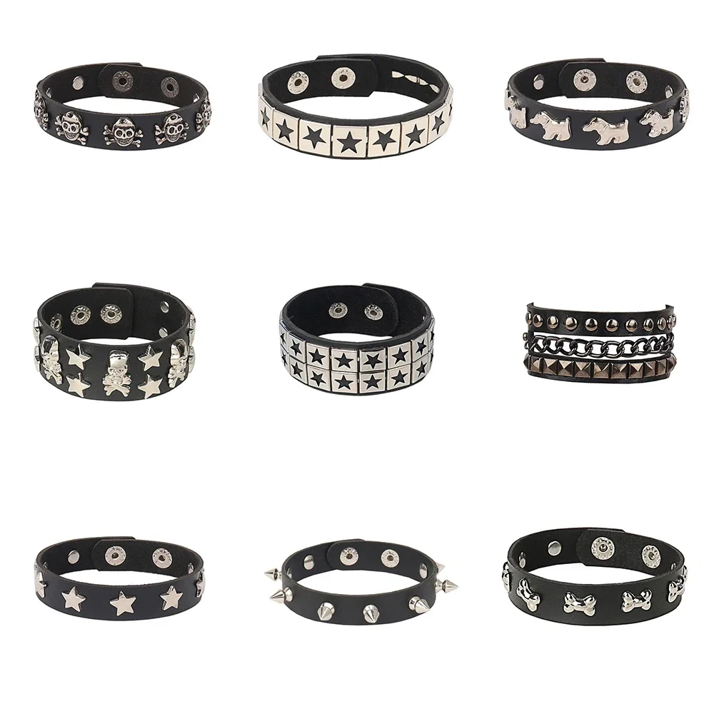 Hot Punk Star Goth Bat Skeleton Wrap Bracelet Women Men Skull Harajuku Black PU Leather Chain Bracelet Bangles Halloween Jewelry