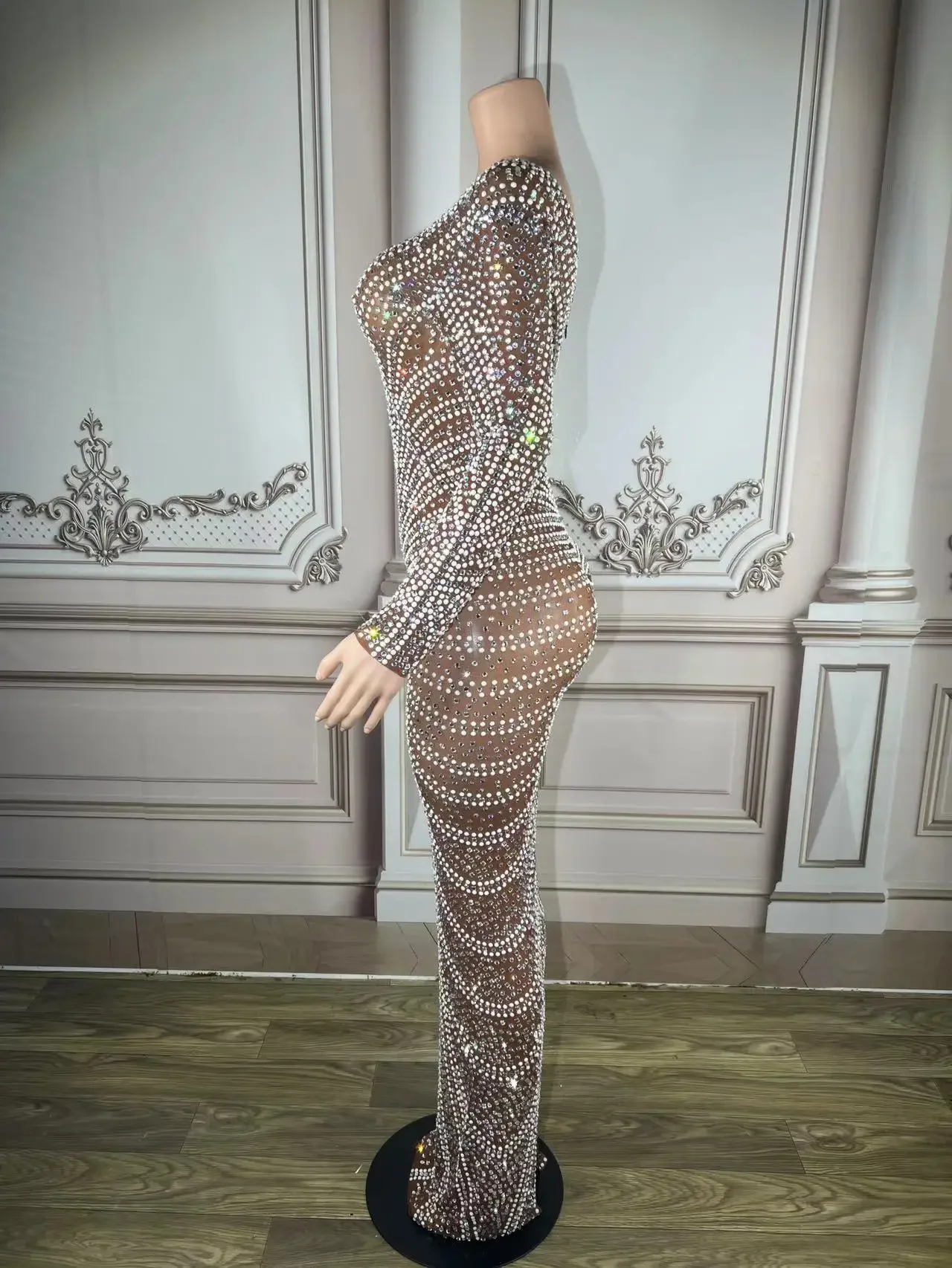 Vestido de noche de manga larga con diamantes de imitación completos, ropa de escenario para celebración de cumpleaños, actuación, bailarina, cantante, espectáculo, talla grande