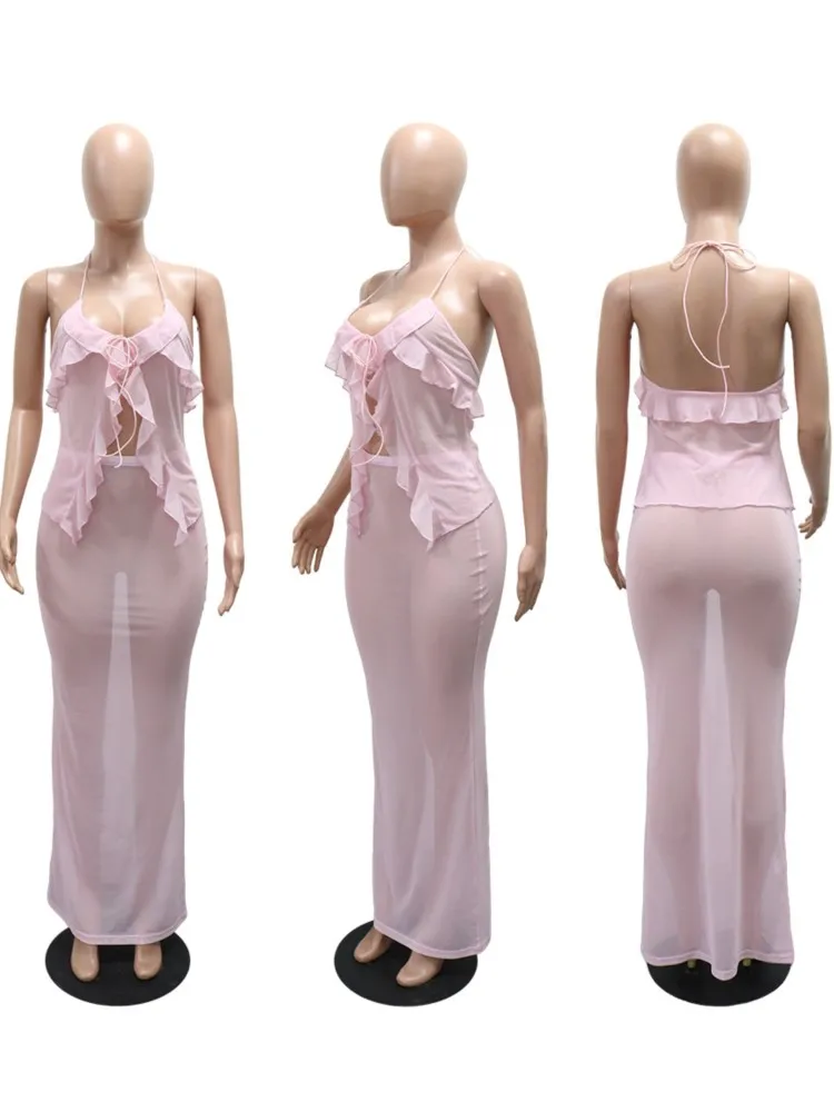 Costume da bagno Gonna Cover-up Set da 2 pezzi Top corto da donna e gonna lunga Costume da bagno Moda Solid Hollow Sexy Beach Cover Up Outfits