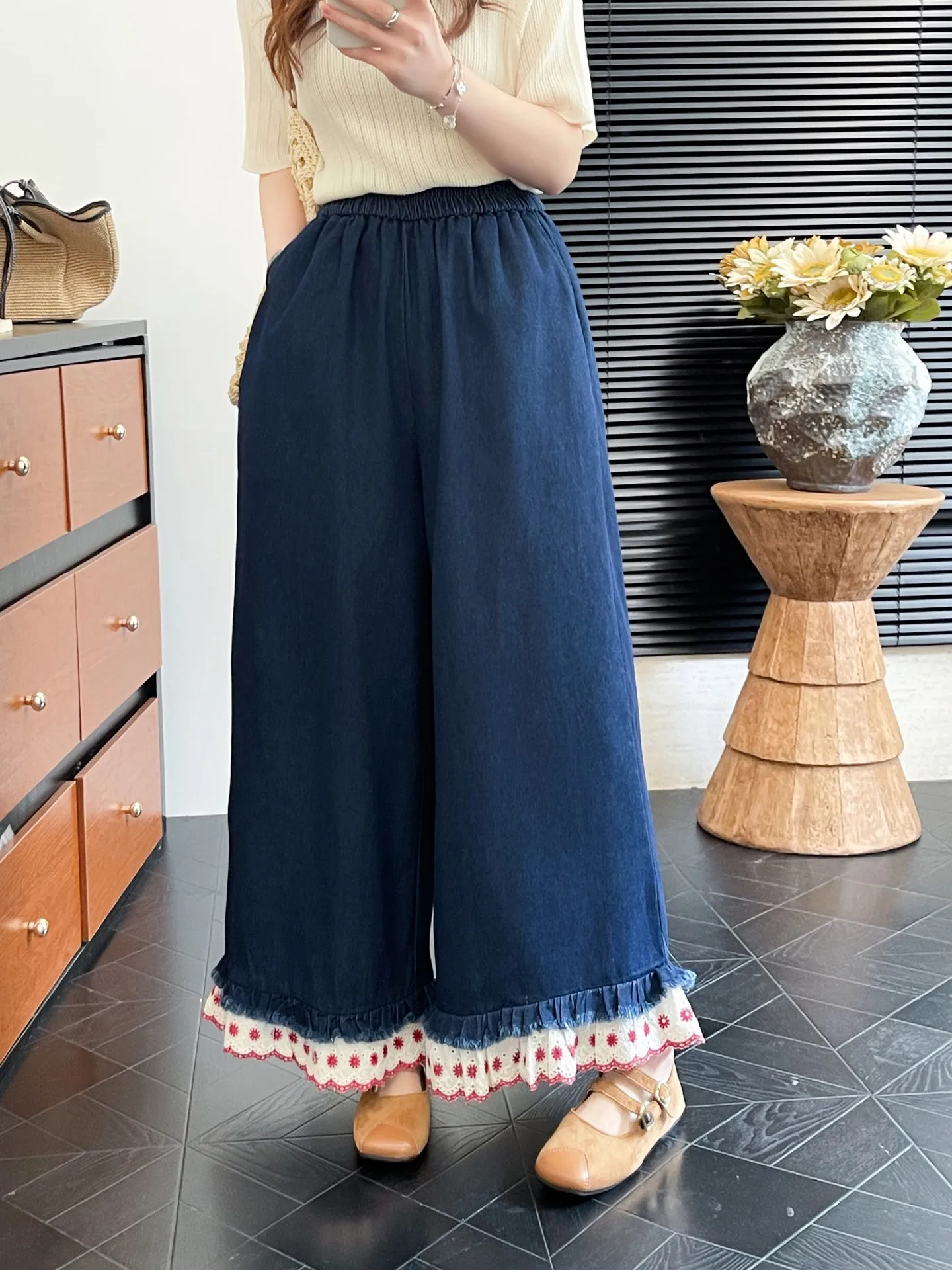 New 2026 Summer Women Denim Trousers, Elastic Waist Lace Patchwork, Mori Girl Sweet Age Reduction INS Straight Jeans B65085CC