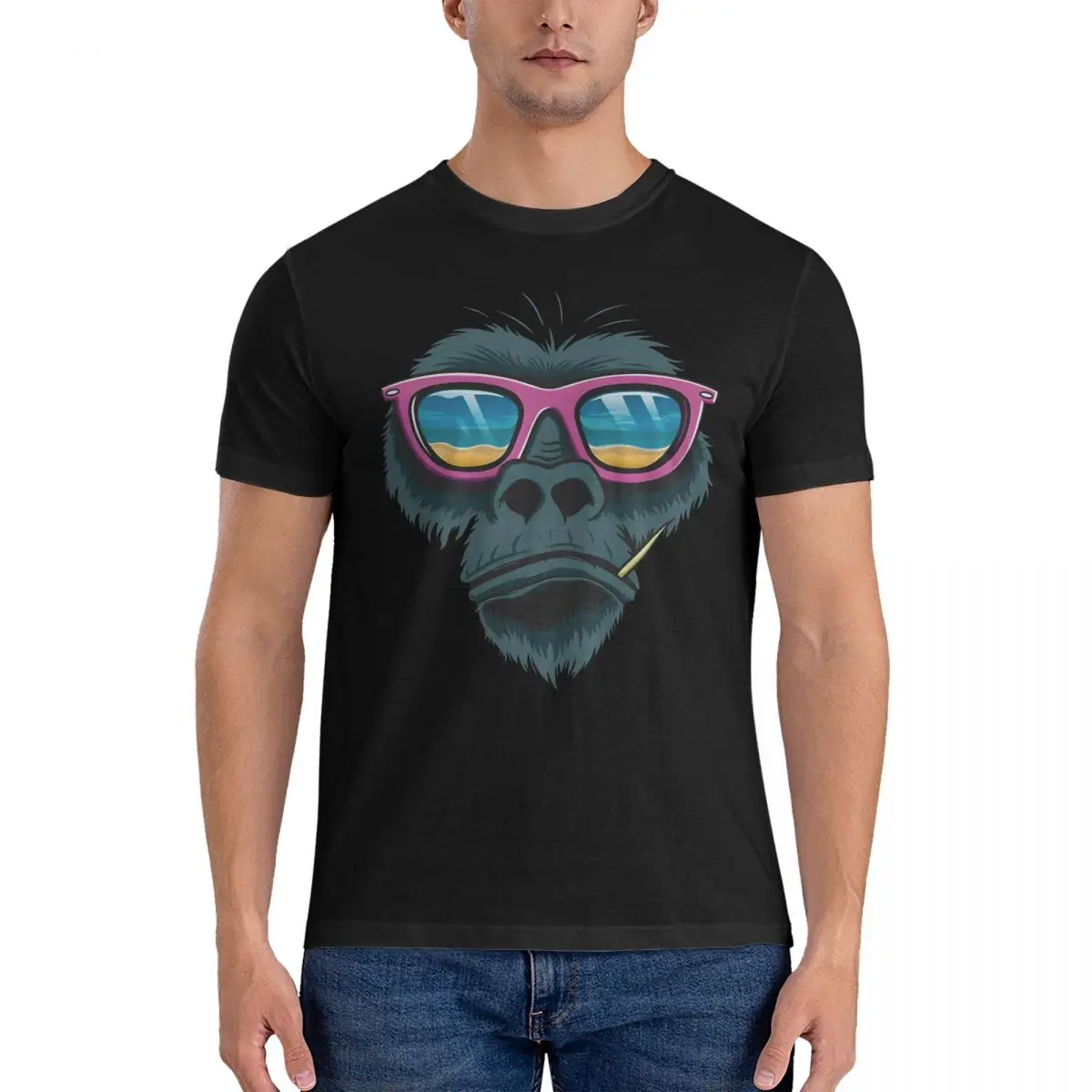 Men T-Shirt Monkey Gorilla With Glasses Funny 100% Cotton Tees Short Sleeve Monkey Gorilla T Shirts Round Neck Clothing Printed