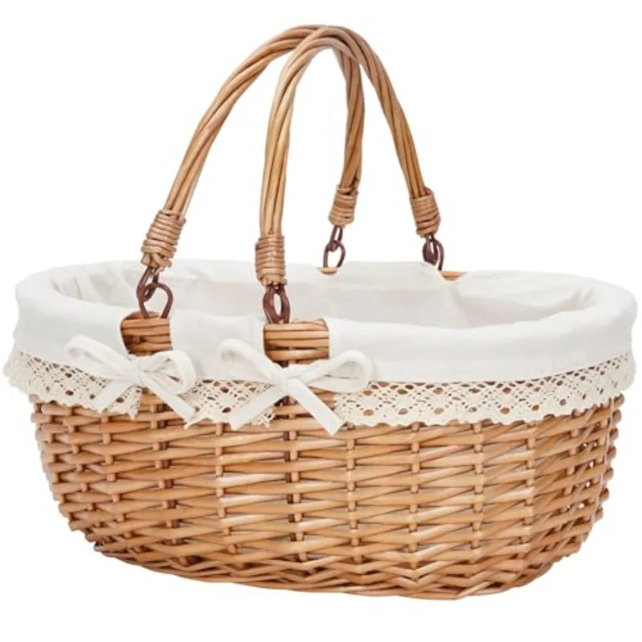 

Oval Picnic Basket with Folding Handles Willow Hand Woven Shopping Basket Bath Storage Gift Packing Basket Wicker Empty Easter