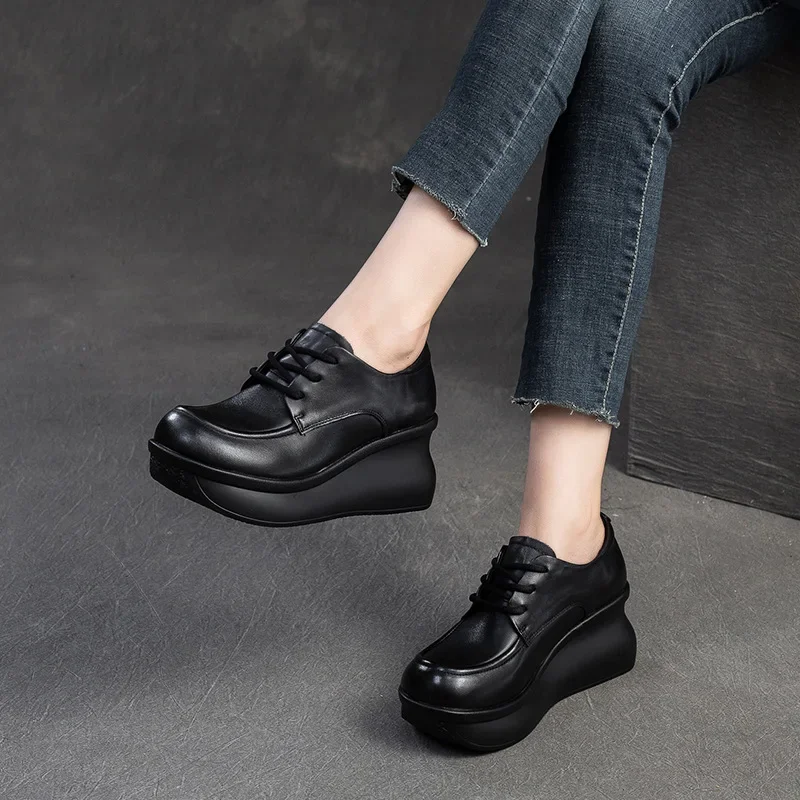 Koznoy 7cm Cow Genuine Leather Comfy Booties Autumn Spring Platform Wedge Women Mary Jane Loafers Ankle Boots Pumps Retro Shoes