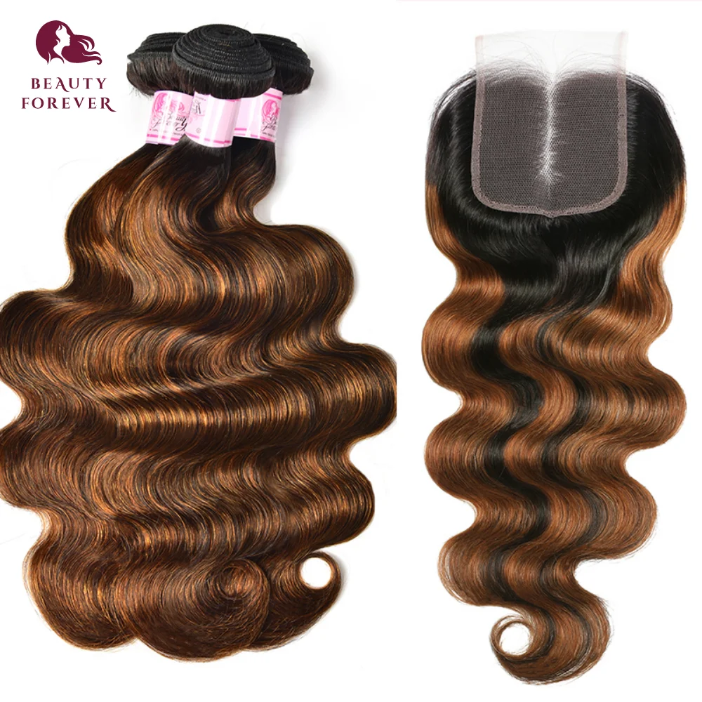 Beleza Forever-Body Wave Pacotes de cabelo humano com fecho, Balayage, colorido, 3PCs, 4x4 Lace Closure, # FB30