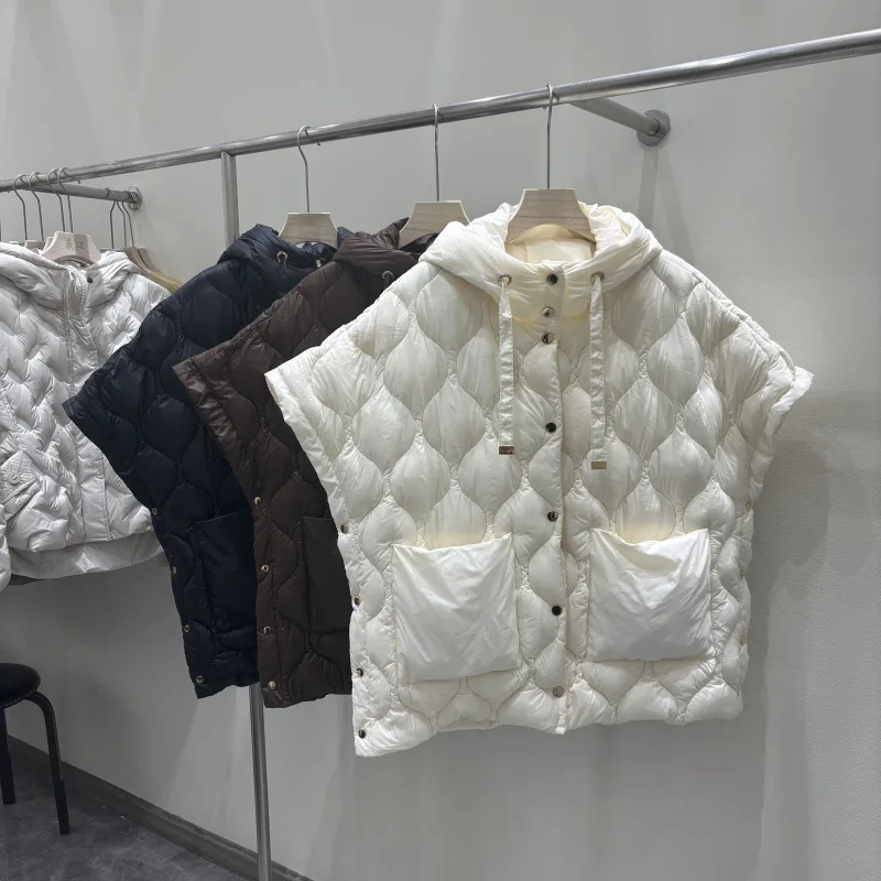 

Autumn Winter Solid Loose Hooded Down Vest Female Single Breasted Pocket Waistcoat Outwear Women White Duck Down Thick Warm Vest