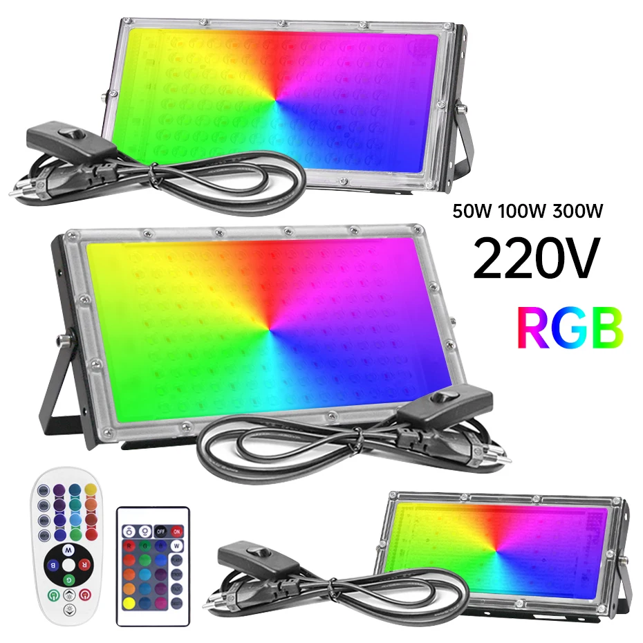 IP65 Wasserdichter RGB LED-Flutlichtstrahler 50W/100W/300W AC220V Außen-Projektor LED-Strahler mit Fernbedienung & EU-Stecker