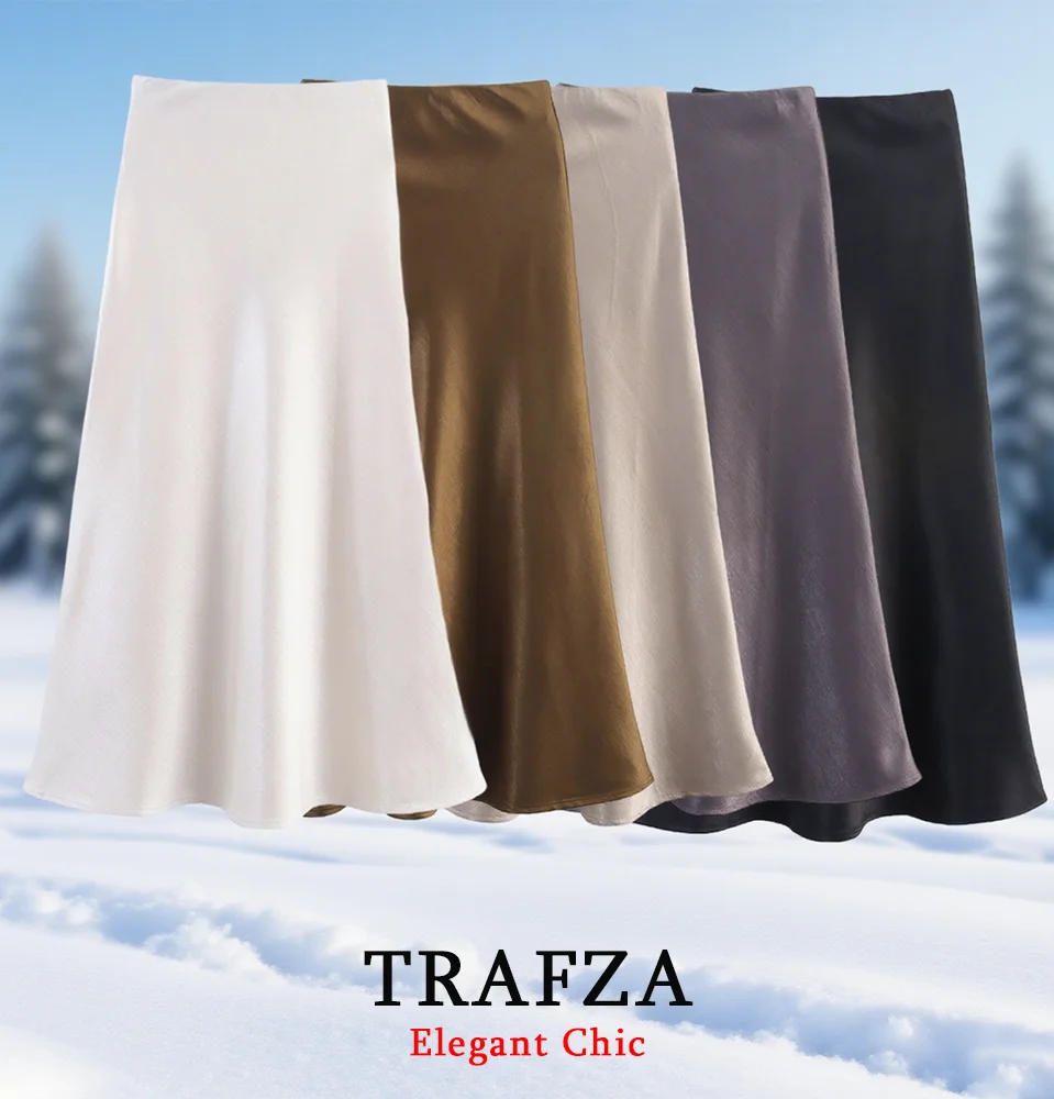 

TRAFZA Women Elegant Thickened Satin Skirt Elastic Waist Midi Skirt 2025 Autumn Fashion Minimalist Casual Versatile Lady Skirt