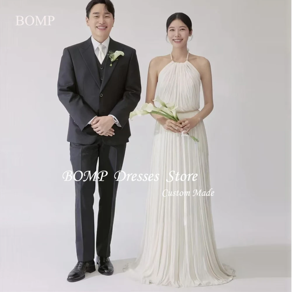 BOMP Halter Elegant Silk Chiffon Wedding Dresses Korea Photo shoot 웨딩드레스 Simpe Bride Gowns Customized Corset Back