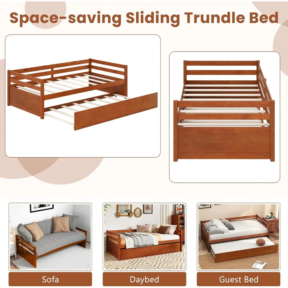 Twin Daybed with Trundle, Wood Trundle Bed with Wood Slat Support, Mid Century Day Bed Frame for Living Room Guest Room