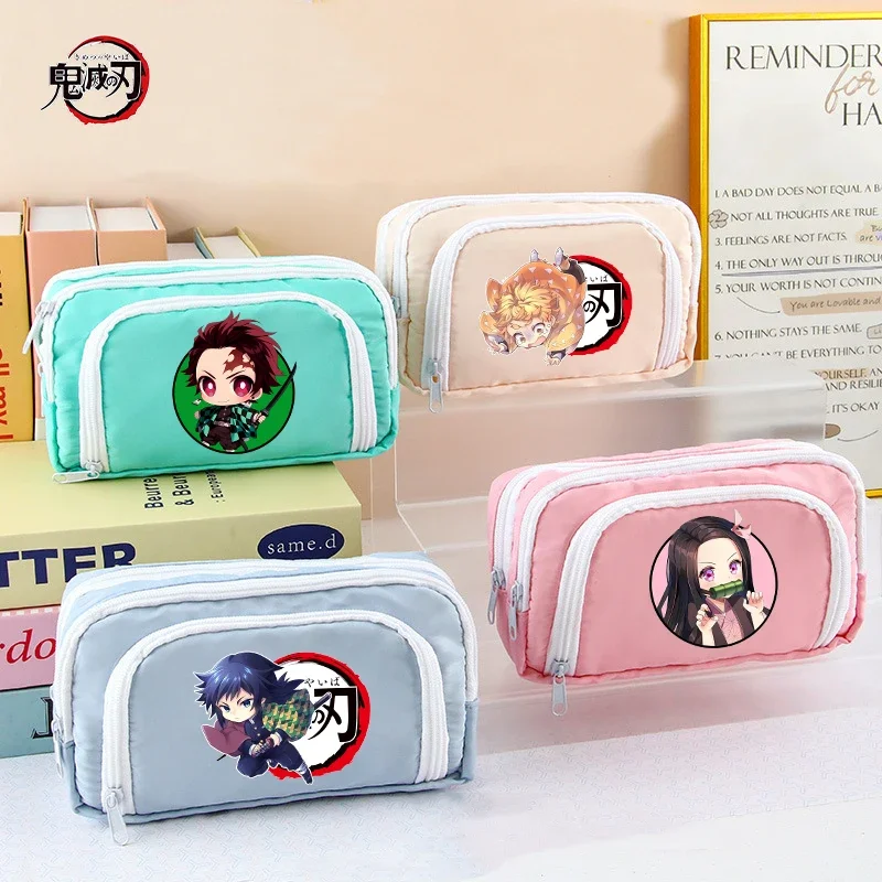 Anime Demon Slayer Kimetsu No Yaiba Federmäppchen für Jungen und Mädchen, Kawaii, mehrschichtig, großes Fassungsvermögen, niedliche Schreibwarentaschen, Geschenke