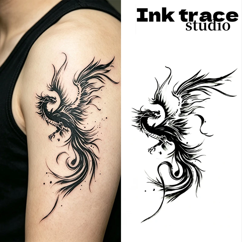 Unisex Black Phoenix Dragon Temporary Tattoo Stickers Waterproof Realistic Body Art for Arms Shoulders