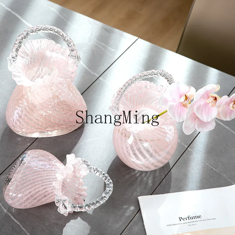 

PYH Pink Wave Handle Hydroponic Bag Vase Glass Living Model Room Soft Decoration Table Decoration