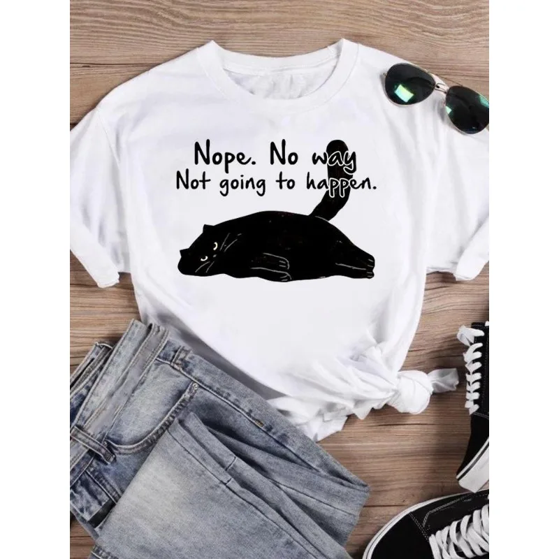 Women's Short Sleeve T-shirt Fashion Cat Letter Print Instagram Base Shirt Harajuku  Aesthetic Clothes  Women Clothing  Graphic