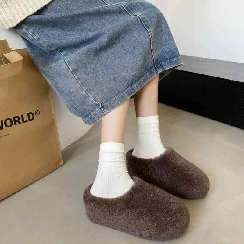 Comemore Lamb Baotou Half Slippers for Women's Autumn Winter Shoes Thick Soled Heighten Plush Indoor Outer Fur Warm Mules Slides