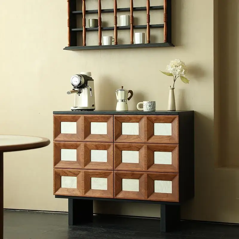 Medieval six-chest cabinet, contrasting color solid wood black storage cabinet, side cabinet