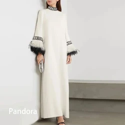 Pandora Elegant Arabian women's formal evening dress with high neck long sleeves ankle-length feather STRAIGHT simple party gown