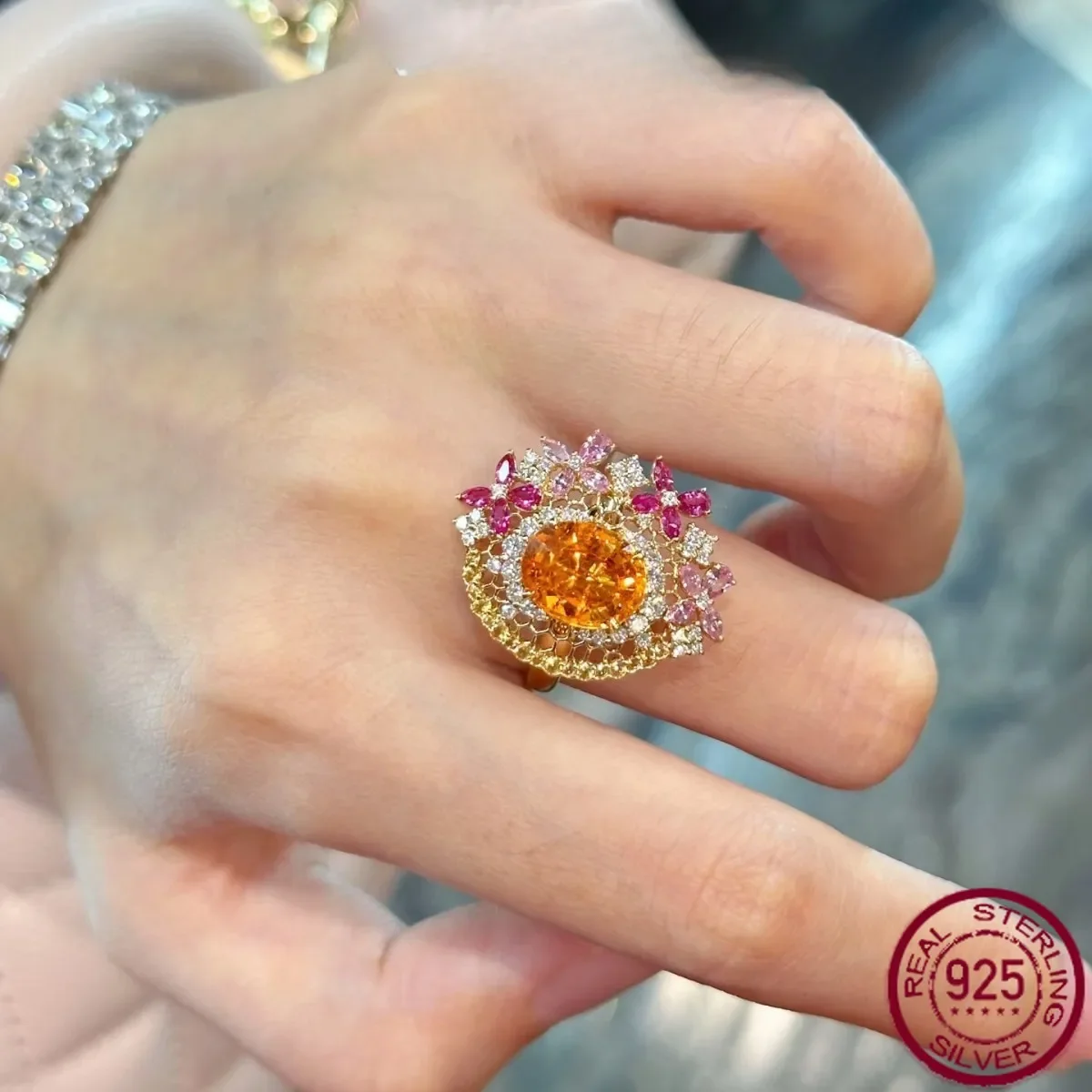 

New popular s925 silver full diamond Fanta color 4Ct Di Mou Ao same style Monet Garden Honeycomb Ring Wedding Jewelry