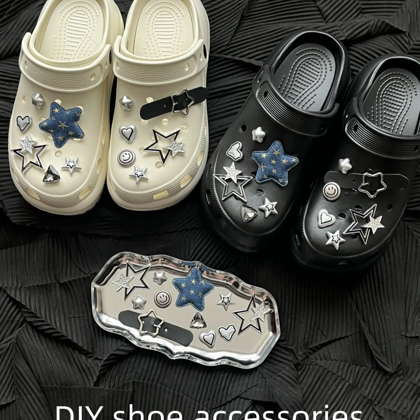 

Shoe Charms DIY Smiley Face Denim Star Series Textured Leather Belt Buckle Detachable for Sandals Beach Shoes Clogs Accessories