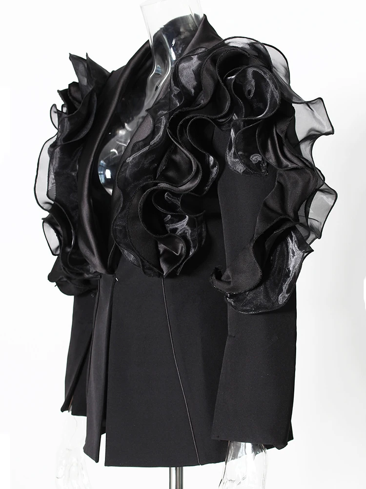 Women Black Ruffles Shaped Elegant Slim Blazer New Lapel Long Sleeve Jacket Fashion Tide Spring Autumn