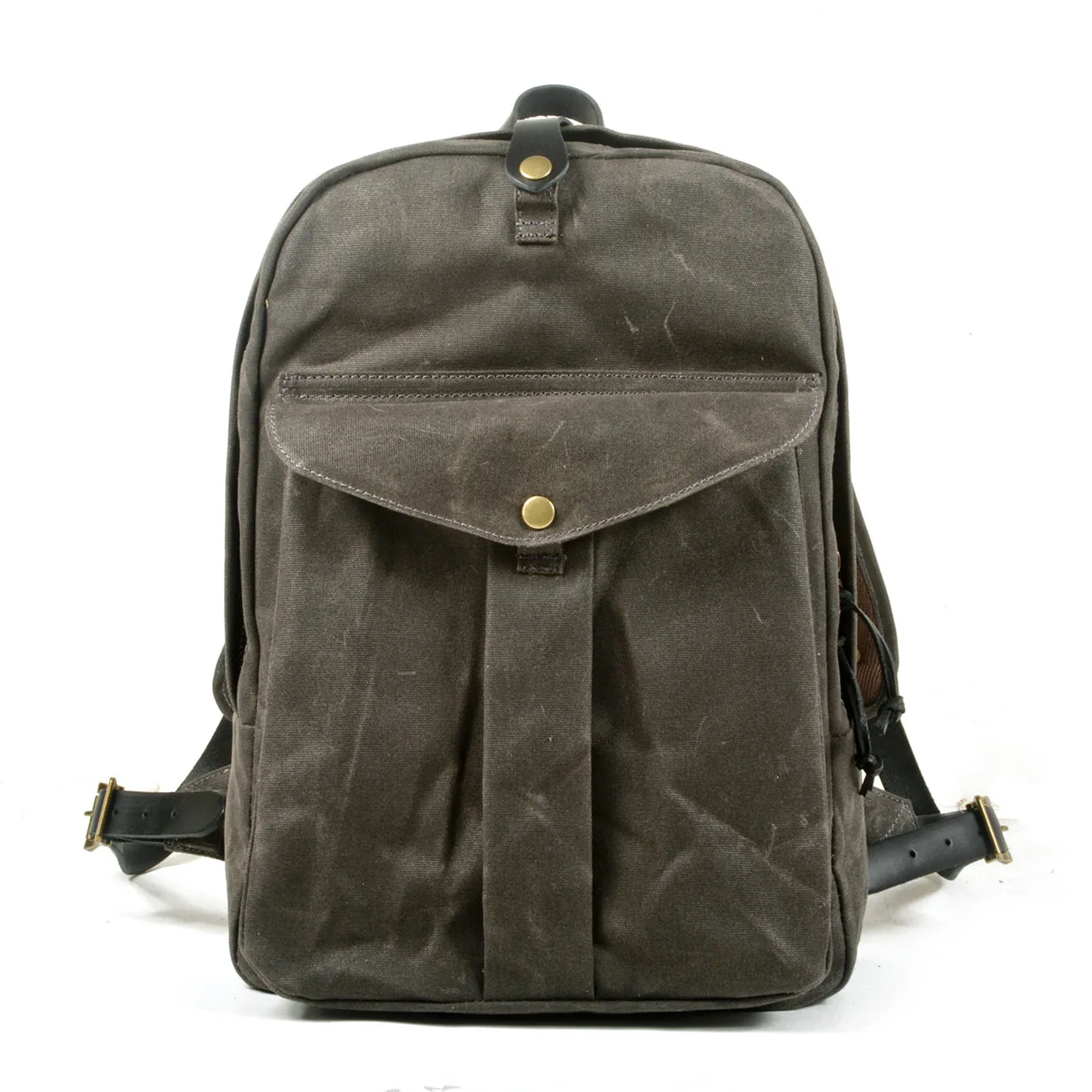 

Vintage Waxed Canvas Backpack Waterproof Leather Brass Accents Travel Rucksack
