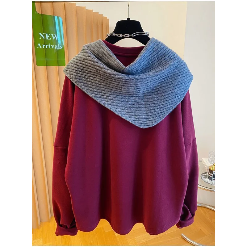 Blauw gebreide sjaal plus fleece sweatshirt voor dames herfst en winter losse casual top met ronde hals