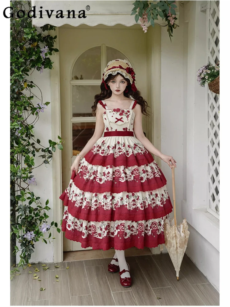 

Elegant Lolita Print Embroidery Big Swing Jsk Princess Suspender Dress Spring Summer Girls High Waist Fashion Cake Fairy Dresses