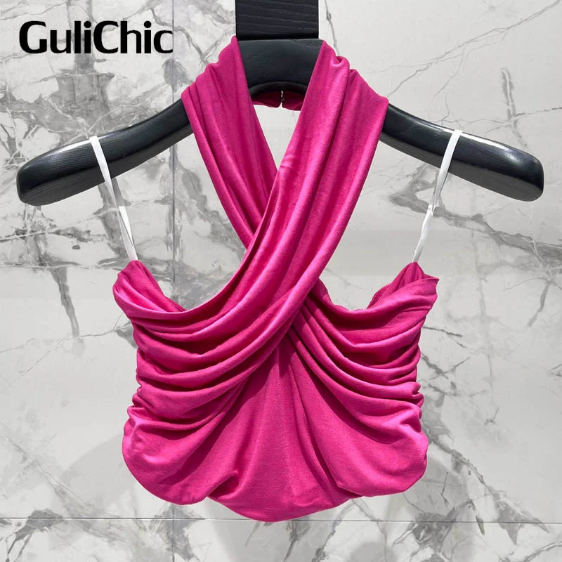 12.24 GuliChic Women's Vintage Folds Slim Sexy Cross Halter Neck Hollow Crop Tops High Street Fashion Sleeveless Tank Top