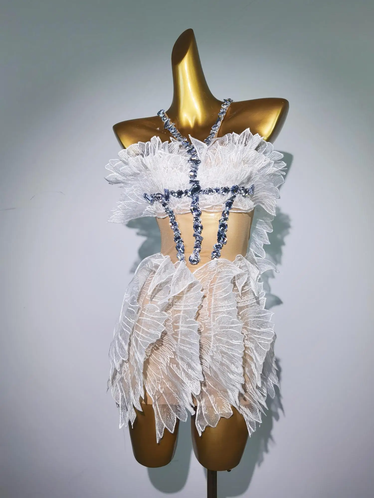 

Women White Gold Crystal Transparent Wings Mini Dress Sexy Bar Nightclub Party Singer Stage Performance Costume Baichan