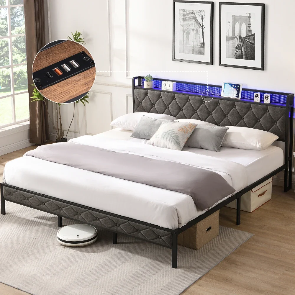 Cushioned Platform Bed with Storage Headboard, Charging Station and LED Light, and Heavy Metal Flat Noodles, Without Box Spring