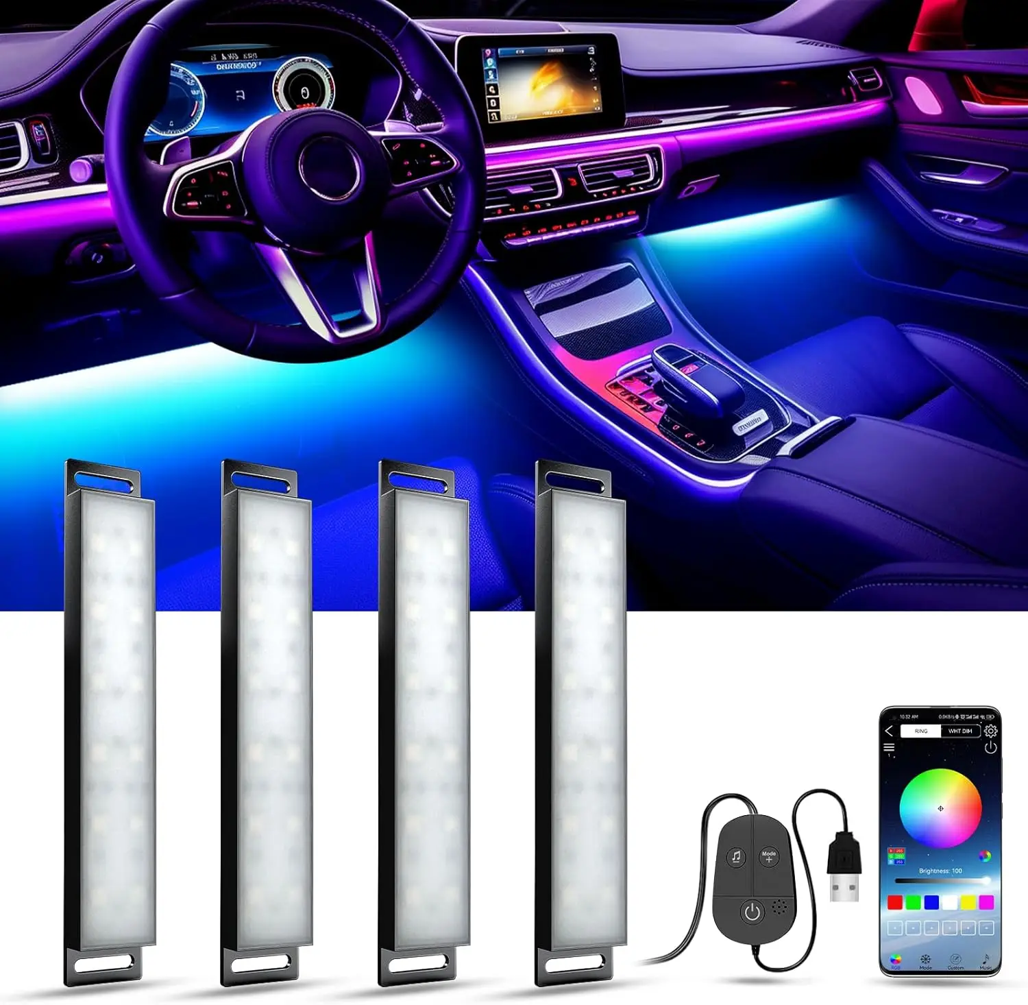 YiLaie Interior Car Atmosphere Light Smart Light Bar with App Control Music Sync RGB LED Lights Bar for Car Interior Lighting