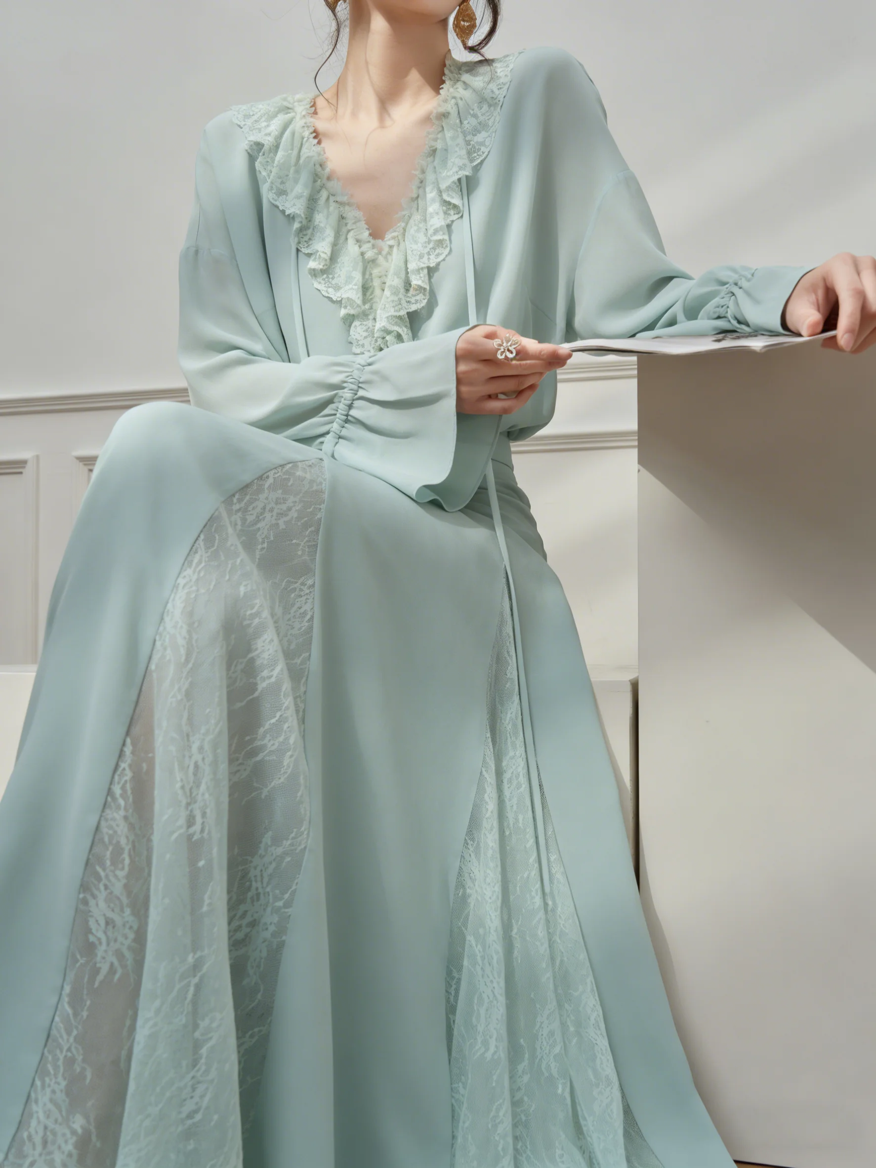 Conjunto de Blusa y Falda de Manga Larga Verde Agua Retro, Colección de Primavera para Mujer, Cuello en V, Cintura Alta, Estilo Holgado