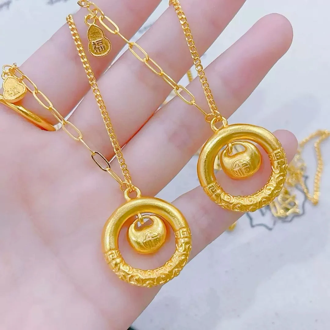 Women's 9999 24K Real Gold Safety Buckle Little Fat Fortune Necklace Retro Chinese Style Qiankun Circle