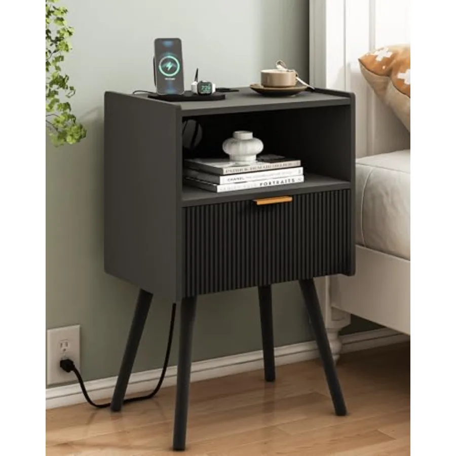 

Black Nightstand with Outlet for Bedroom and Living Room Modern Bedside Table with Storage Drawer and Open Wood Shelf Solid Woo