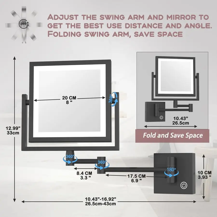 مرآة مكبرة للمكياج سلكية مثبتة على الحائط، تكبير 8 بوصة مزدوج الجوانب 1X 3X، قابلة للتعتيم باللمس، تمديد نحاسي 360 متأرجح أ #6