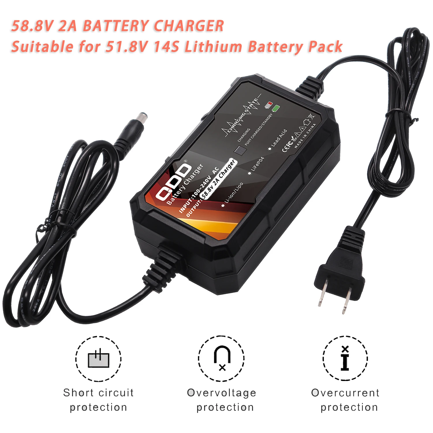 58.8V 2A Lithium Battery Charger for 51.8V 14S Li-ion Battery Pack with multi-connected conversion line charging port