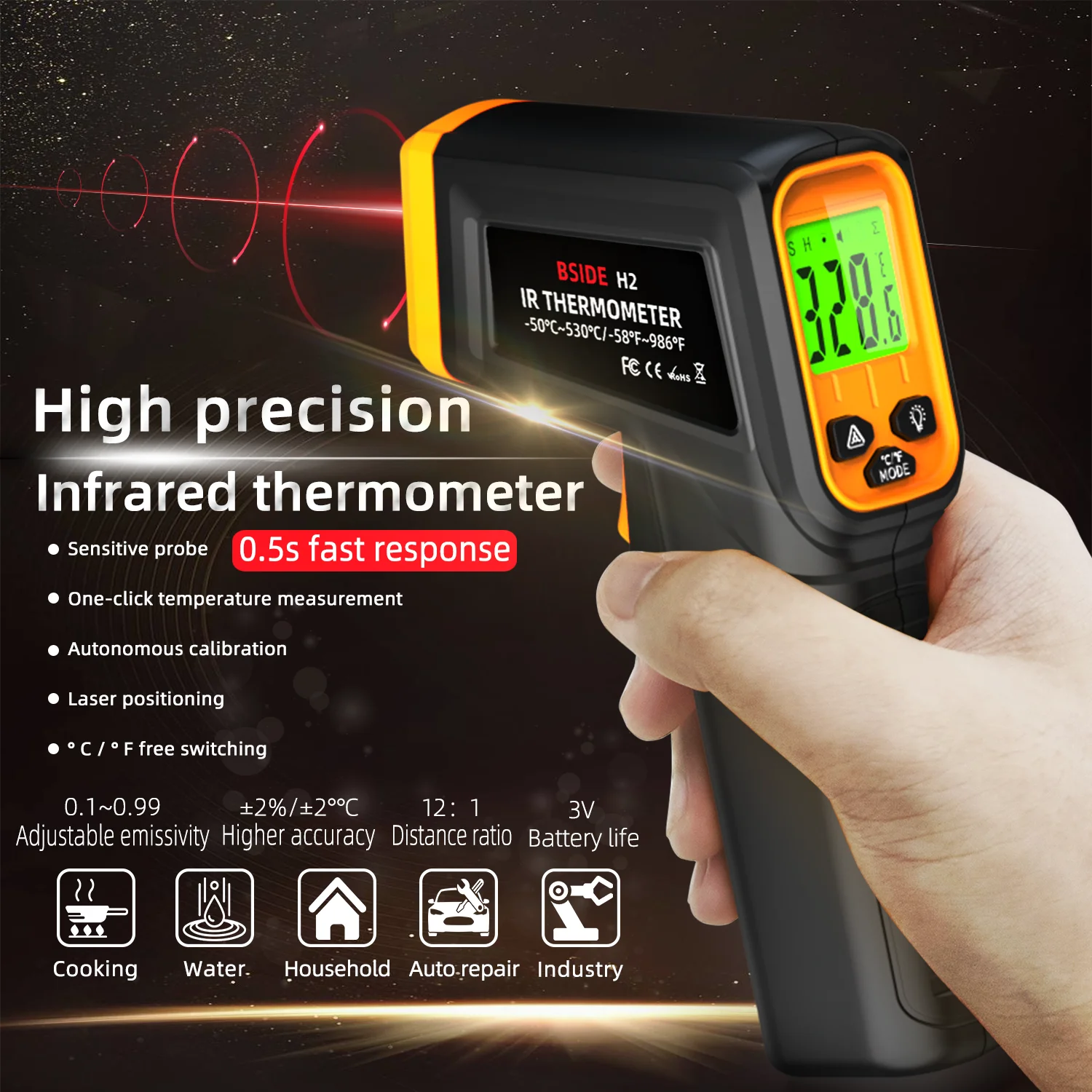 

BSIDE Infrared Thermometer Professional -50~530C 12:1 Smart Infrared LCD Thermometer Non-contact Laser Thermometer Thermometer