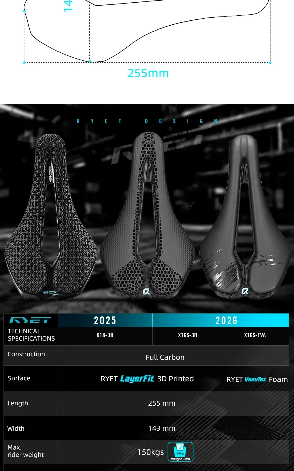 RYET 3D/EVA Carbon-Sattel 126-170g 255x143mm 7x9mm T800-Schienen Cut-Out Ultraleichter Rennrad-MTB-Gravel-Sattel Pro Racing 3D Leichtgewicht – Detail 3