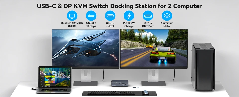 4K@120Hz USB C DP KVM Switch Docking Station 2 PC 2 Monitors USB 3.2 Switches Du
