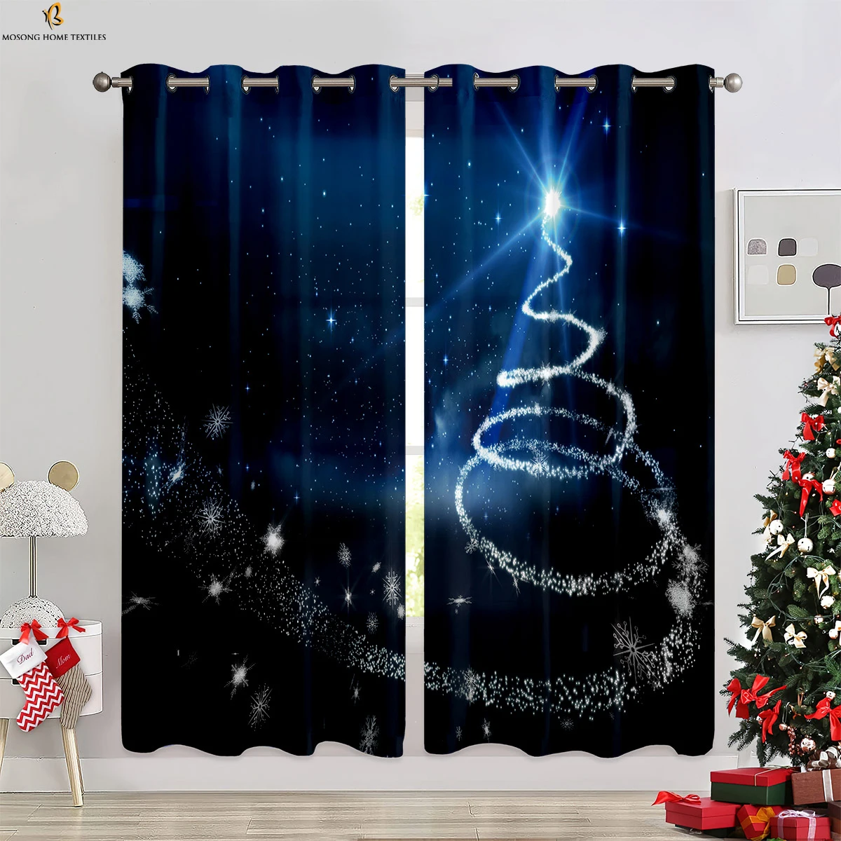 

Christmas Tree Snowman Bell Print Curtain Bedroom Living Room Restaurant New Year Holiday Party Decoration Curtain Gift 2 Pieces