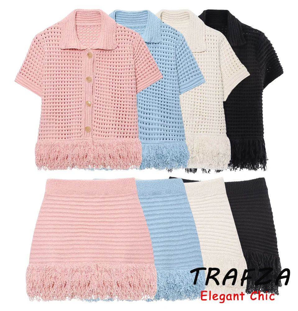 

TRAFZA Casual Chic Hollow Short Set Women's Tassel Short Sleeve Top Mini Skirt 2025 New Fashion Summer Holiday Dating Skirt Set