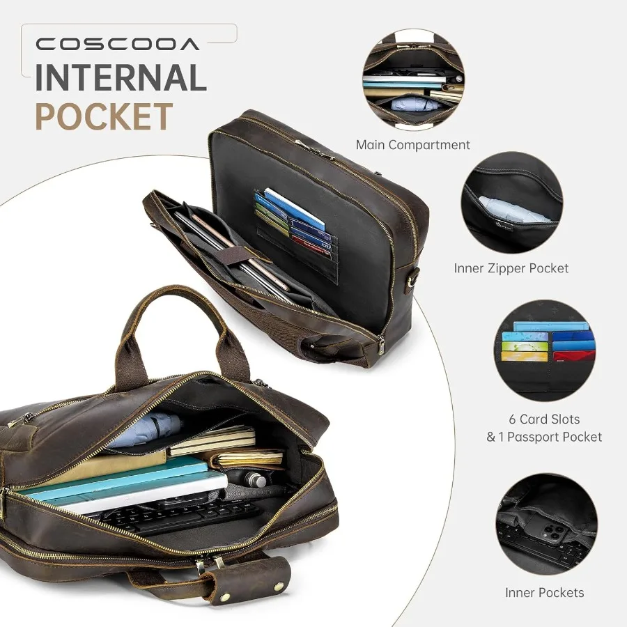 حقيبة ظهر كبيرة من الجلد المحبب بالكامل قابلة للتحويل للرجال حقيبة سفر للأعمال حقيبة ساعي تناسب كمبيوتر محمول مقاس 17.3 بوصة #5