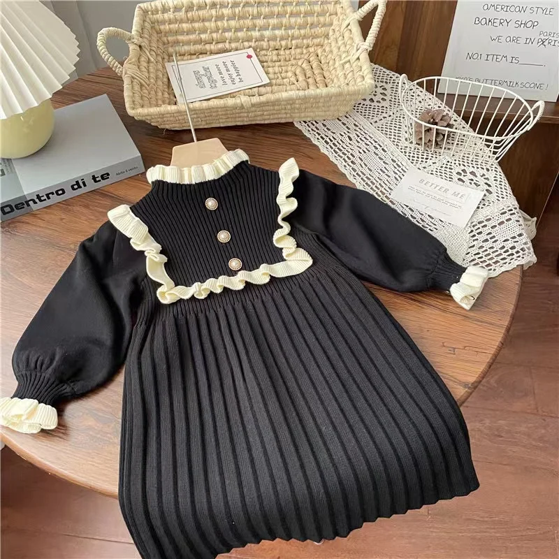 New Year Red Girl Knitting Wool Long Sleeve Princess Dress Autumn Winter New Warm Sweater Dress Kid Christmas Casual Clothes