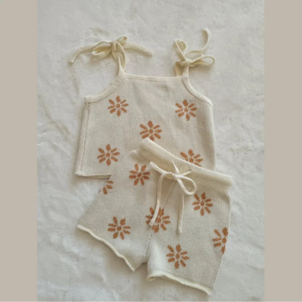 5470 Korean Baby Clothing Set Summer Autumn Girl's Suit Cotton Suspender Top+ Shorts Sweater Two-piece Suit