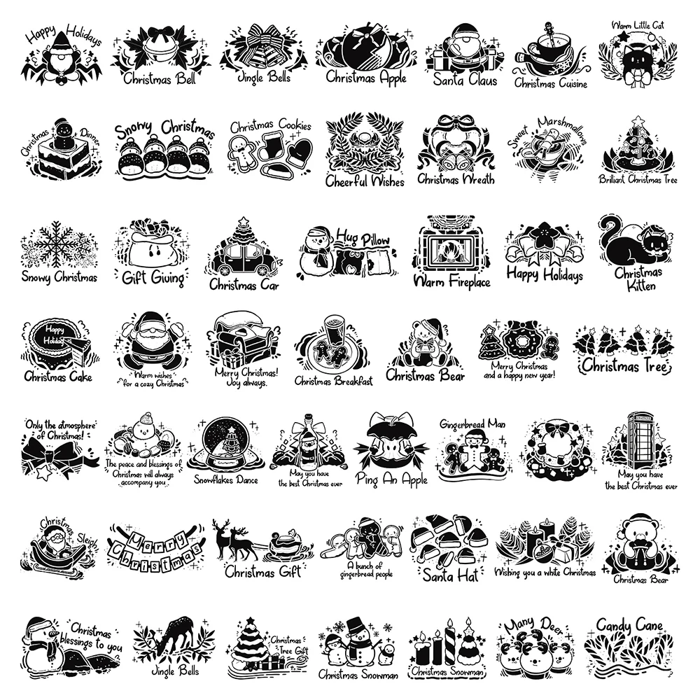10/30/50pcs Transparent Black White Christmas Stickers Funny Cartoon Decals DIY Scrapbook Phone Notebook Sticker Decoration Toy