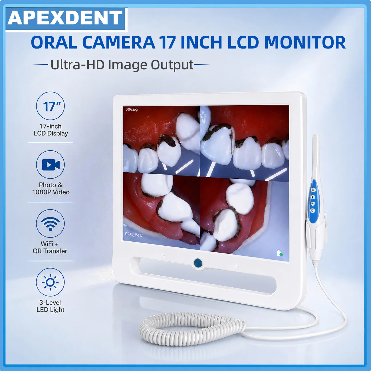 APEXDENT Dental Intraoraler Camear 17 Inch LCD Monitor 4 LED WiFi Digital Oral Endoscope Dentistry Observation Instrument
