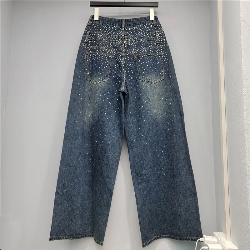 

Весенние новые женские джинсы, прямые брюки со звездами и стразами, свободные длинные брюки, женские тяжелые синие джинсы со стразами для женщин