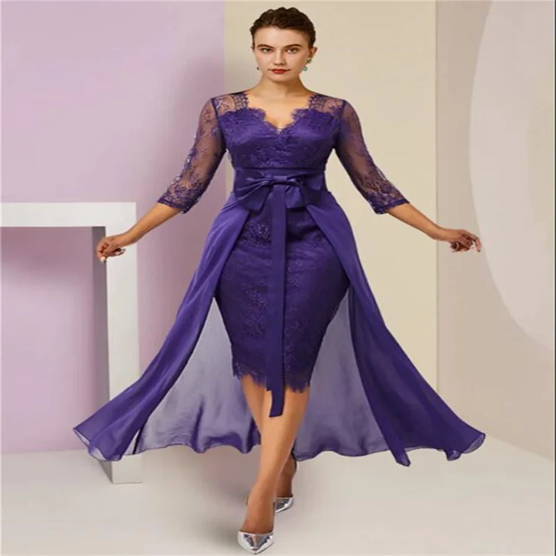 

Purple Lace Mother of the Bride Dresses V Neck Suits-Dress Wedding Guest Gowns With Cape Half Sleeve Chiffon Mothers Groom Dress