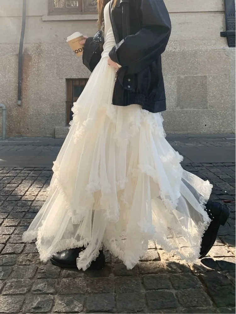 

Утепленная теплая юбка-сетка с высокой талией, женская, весенняя новинка, асимметричная, с драпировкой, нежная, длинная, в корейском стиле, для повседневной носки, теплая