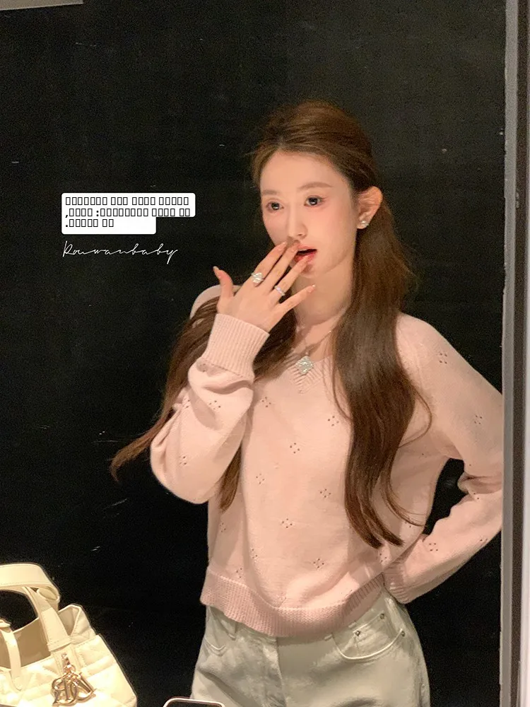 

V-Ne Knitted Sweater Hollow out ort Sle Pure Color Pullover Women's Autumn Winter Warm Faion Outerwear Top