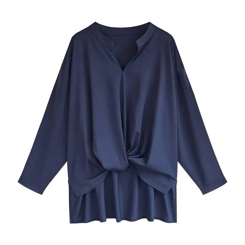 Blusa informal de manga larga con cuello en V Para Mujer, ropa de calle de gran tamaño, Irregular, estilo Simple coreano, sólido, a la moda